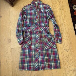 Vintage 60s or 70s Plaid Long-Sleeve Dress with belt